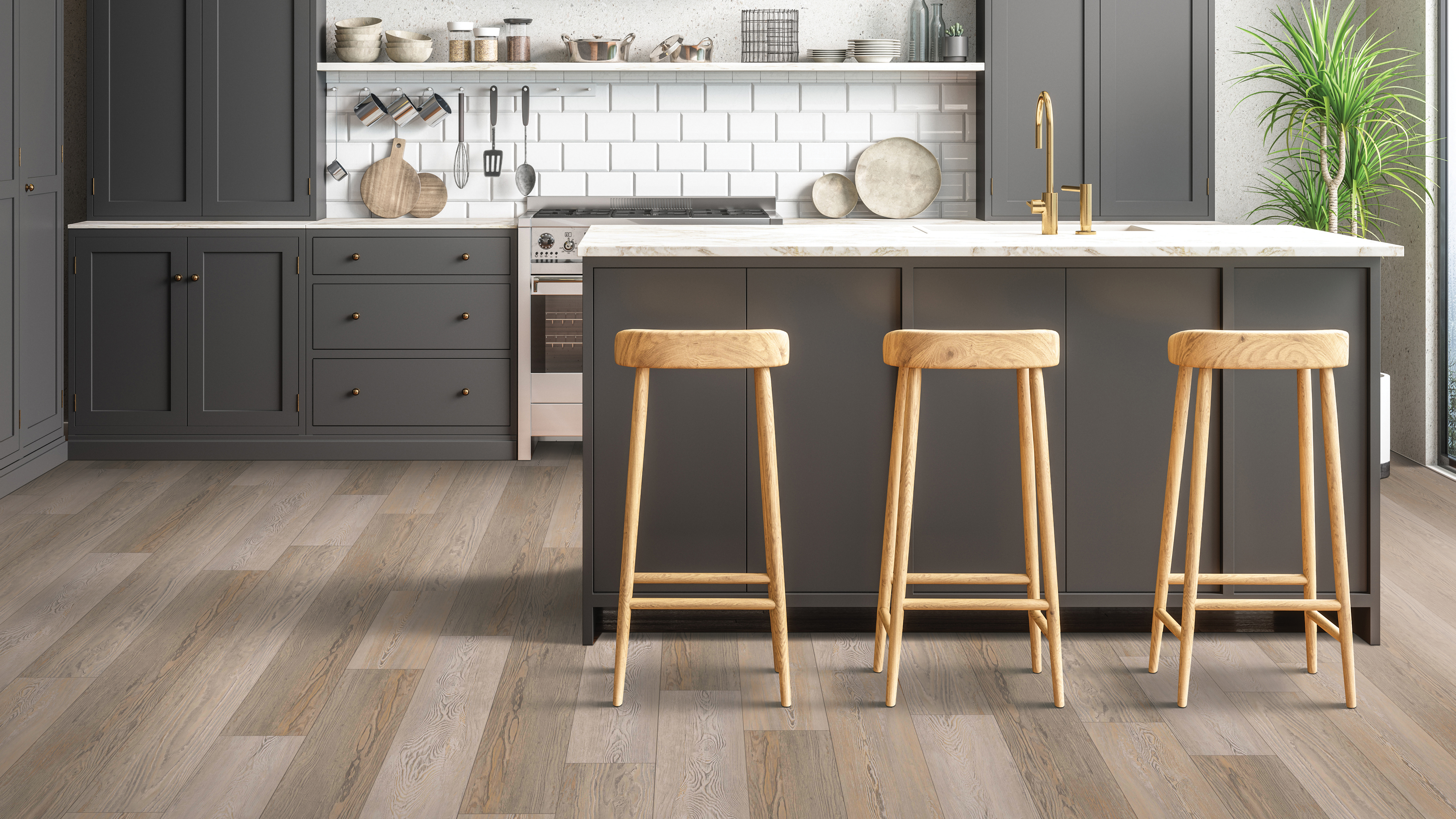 Luxury vinyl flooring in a kitchen, installation services available.